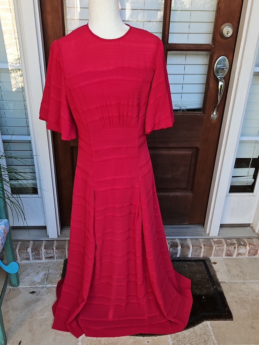 Pearls By Lela Rose Vibrant Red Maxi Dress with Flutter Sleeves Semi Sheer Chest